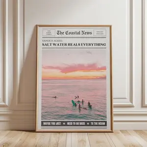 GRAINY Salt Water Heals Everything Newspaper Print Surf Girl Poster Trendy Headline Coastal Print, Apartment Art Aesthetic Coastal Wall Art
