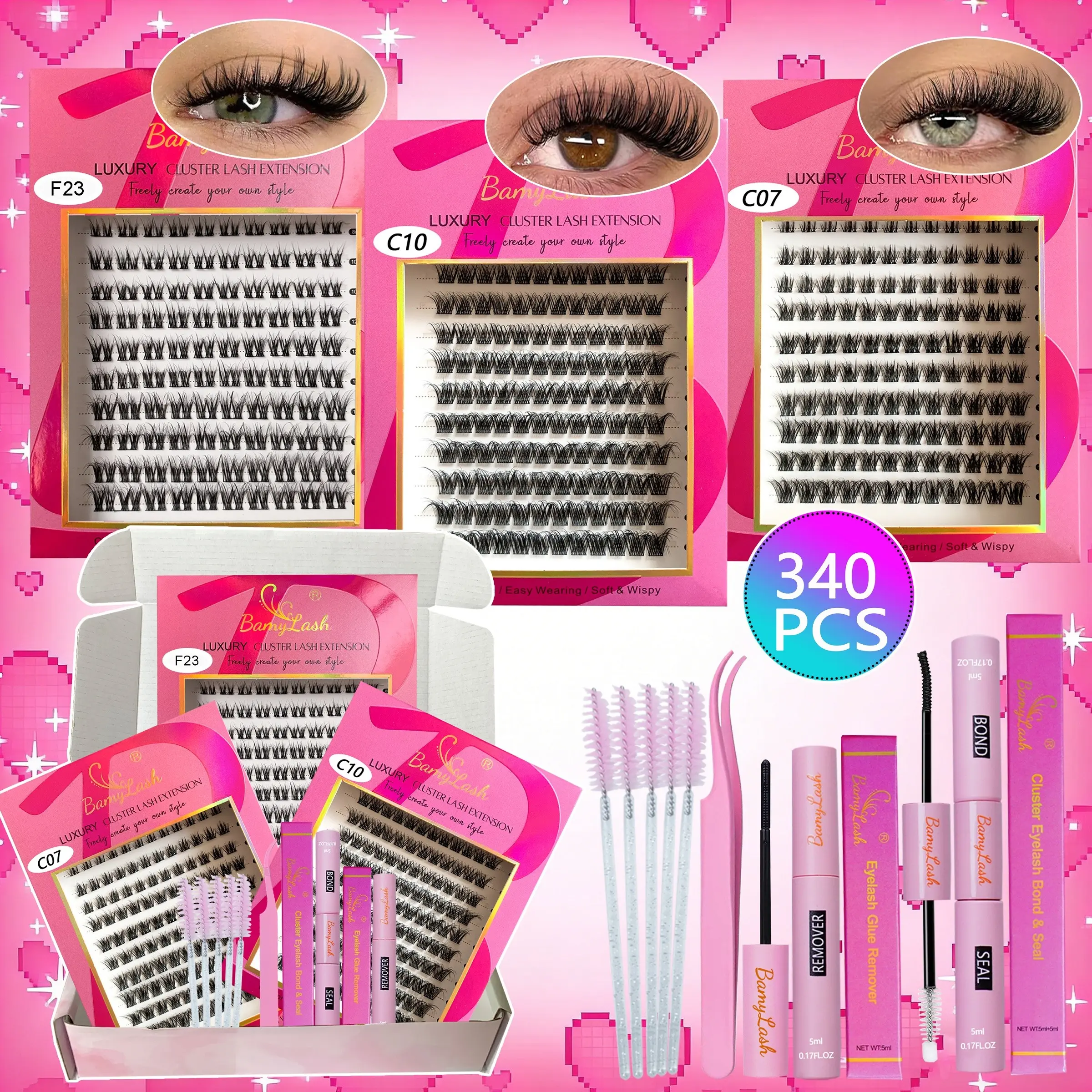 3 Boxes Natral Wispy Cluster Eyelash Extension Kit, Eyelashes Extension Kit, with Bond Seal Remover and Applicator Lash Brushes, Easy to Use at Home for Indovidual Cluster Eyelash Extension, Lash Clusters