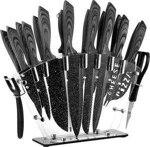 All in one Set with Block, 19 PCS High Carbon Stainless Steel Sharp Serrated Steak Knives Set, Chef Knives, Bread Knife, Scissor, Sharpener, Knife Block ,Kitchen Knives