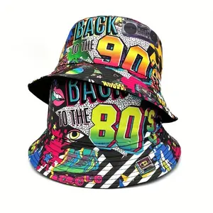 Vintage Unisex Floral Snapback Bucket Hat - 80s Design Polyester Beach Cap, Colorful Retro Multi Color Festival Inspired Casual Wear Accessory, Ideal for Beach Trips & Casual Outings, Snapback Hat