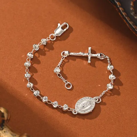 Platinum Plated Prayer Bead Bracelet with Cross and Virgin Mary, Multifunctional Accessory for Daily Wear and Gifts, Exquisite Bracelet, Religious Jewelry Gift, Faith Jewelry, Cross Bracelets