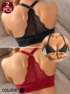 2PCS French Romantic Elegant Front Buckle 3/4 Cup Bra, Deep V Push Up Fashion Chic Sexy Womenswear Underwear, Soft Breathable Fabric, Seamless Side Support, Lace Back