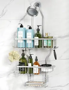 Silver Shower Caddy - Corner Shower Caddy Hanging - Never Rust Shower Organizer - Aluminum Over The Head Caddy with 10 Hooks for Razor/Sponge - Rack with Soap Basket - Silver