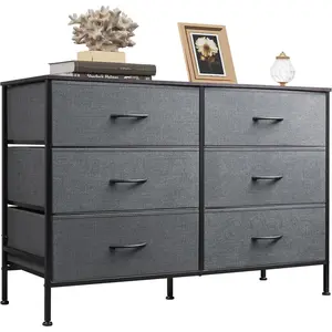 Dresser for Bedroom with 6 Drawers, Wide Dresser TV Stand for 50 Inches TV, Grey Dresser with Metal Frame, Wooden Top, Fabric Dressers for Bedroom, Living Room, Hallway, Dark Grey