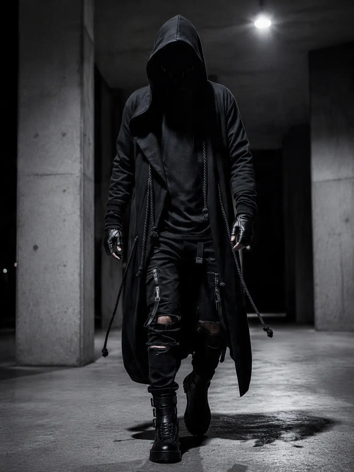 Men’s Hooded Streetwear Jacket, Black Open Front Cloak with Rope Details & Side Pockets, Cyberpunk Style