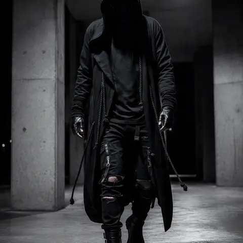 Men’s Hooded Streetwear Jacket, Black Open Front Cloak with Rope Details & Side Pockets, Cyberpunk Style