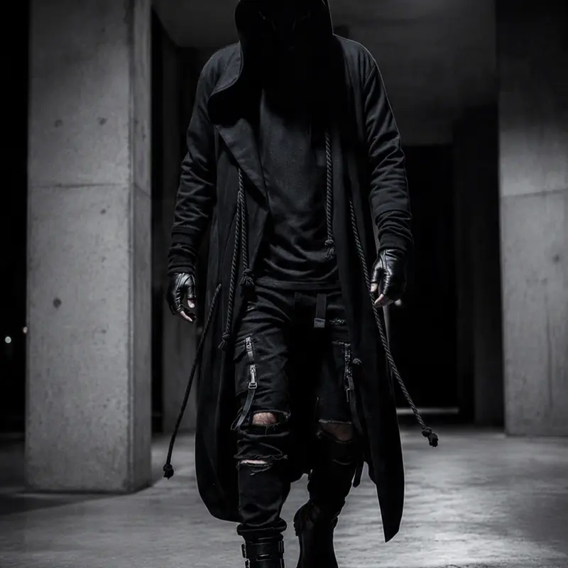 Men’s Hooded Streetwear Jacket, Black Open Front Cloak with Rope Details & Side Pockets, Cyberpunk Style