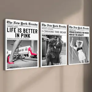 3-count wooden frame canvas, retro New York newspaper style Print poster, high-end atmosphere decoration for fashionable girls' rooms, suitable for corridor, living room, office and home wall decoration, ideal gift