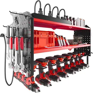 Tool Organizer with Charging Station, Power Tool Rack Wall Mount with 8-Outlet Power Strip, Tool Storage for Garage with 8 Cordless Drill Holders, Battery Utility Shelf in Red