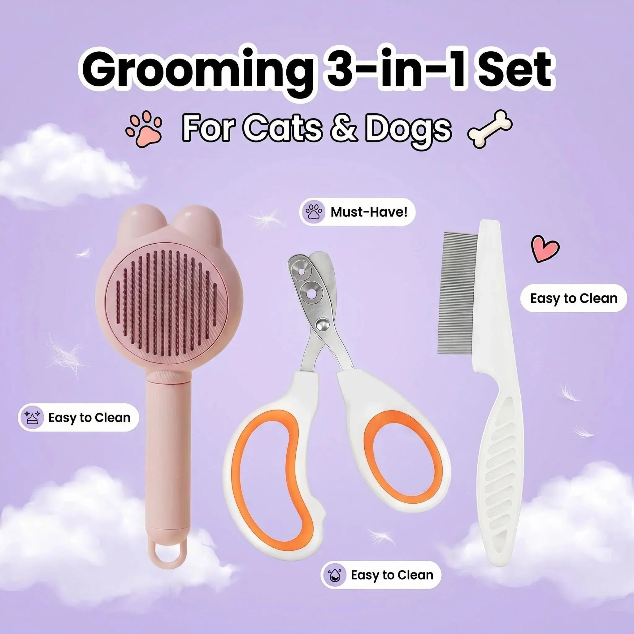 Cat Grooming 3-Pack Grooming Accessories Set - Gentle on Skin Self-Clean Brush, 1-Click Hair Removal, Double-Hole Nail Trimmer, Loose Hair Comb for Lice Treatment (Universal Fit)