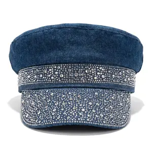 Women's Korean Style Rhinestone Flat Top Denim Hat Adjustable Drawstring Summer Casual Face Slimming Sun Protection Cap