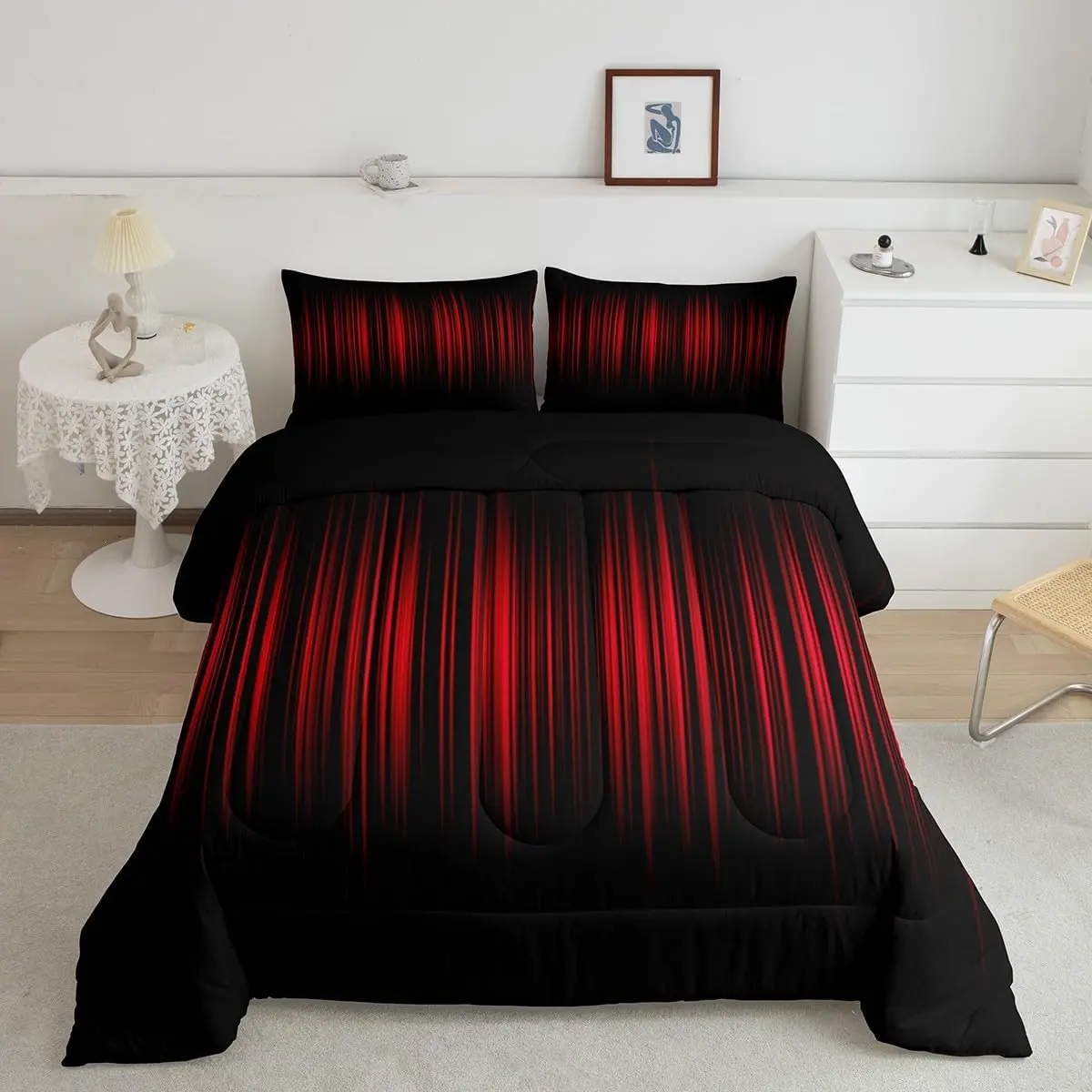 Feelyou Red and Black Ombre Luxury Microfiber Bedding Set - Geometric Abstract Comforter, Striped Designer Duvet, Decorative Bedding Piece, Decorative Bedding Set