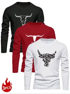Men's Classic 3-Piece Set, Cow Head Animal Print Bull Long Sleeve T-Shirts, Casual Fitted Bottoms, All-Season Wearable Tees