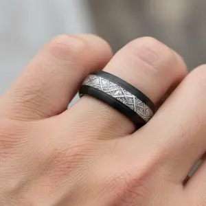 Tungsten Ring Black Brushed Domed Meteorite Inlay Center Wedding Band 8mm Tungsten Carbide Wedding Ring Men's and Women's Tungsten Wedding Band