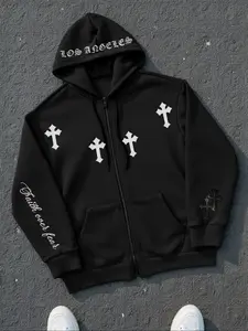 Men's Full Zip Up Hoodie Sweatshirt, Dark Gothic Cross Graphic Hooded Jacket Winter Warm Athletic Sweatshirt, Men's Clothes for Fall Outfits & Winter Outfits