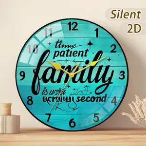 Steel Glass/wooden Round Clock, Silent Wall Hanging, Turquoise & Background, Battery Operated (no Batteries Included)