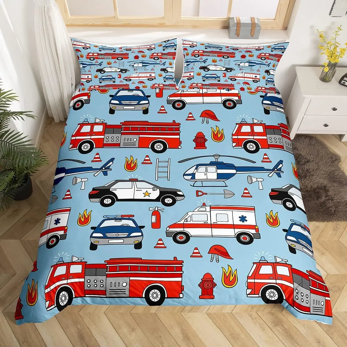 Feelyou 3D Print Cartoon Duvet Cover Set - Breathable, Soft, Decorative Bedroom Bedding Set - Twin/Full/Queen Size - Police Car, Red Fire Truck, Fire Extinguisher, Airplane Designs - No Comforter Included, Breathable Duvet Set