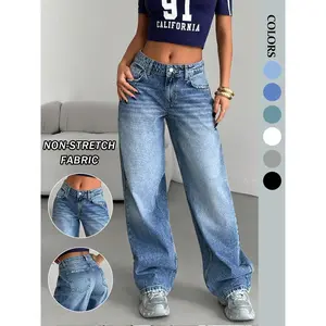 Women's Low Waist Vintage Wash Straight Leg Jeans, Fashion Casual Denim Jeans, Perfect for Daily Wear, Stylish Ladies' Clothing