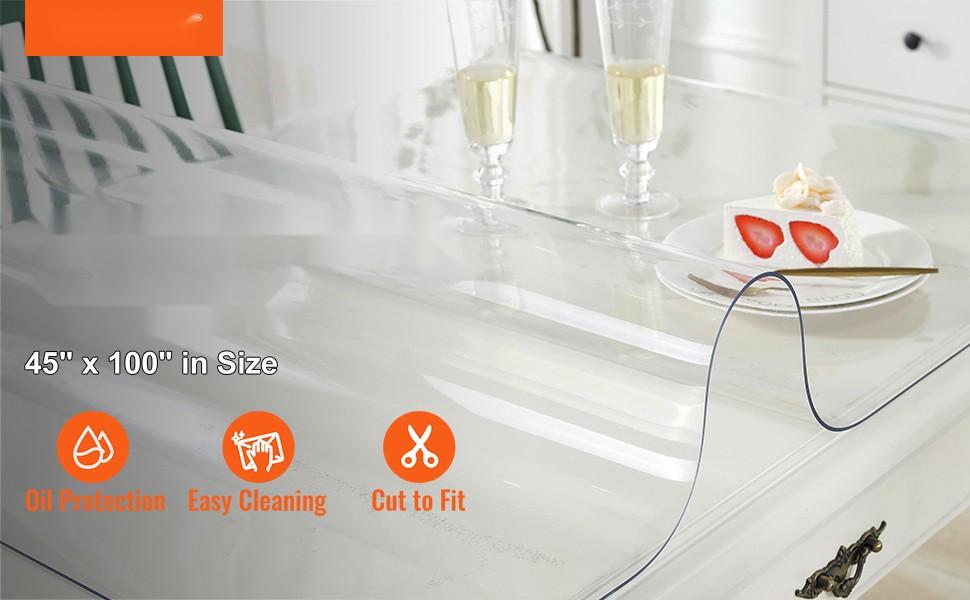 100 x 45 Inch Clear Table Cover Protector For Dining Room And Kitchen Tables, 1.5mm Thick Transparent Desk Pad, Waterproof And Stain Resistant, Easy To Clean Plastic Tablecloth Protector, Rectangular Table Top Guard