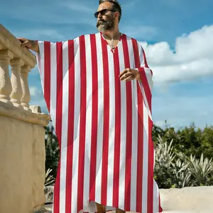 Men's Red Stripe Print Vacation Pullover Caftan Robe, Nautical Bold Line Long Sleeve Closed Front Kimono Cover Up, Lightweight Beach Pool Lounger Robe, Resort Sleep Shirt for Men