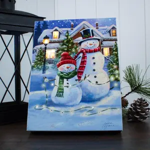 Twinkle Lights Snowman Scene by Gina Jane 8x6 Lighted Tabletop Canvas with Fiber Optic LED Auto Timer for Festive Decor