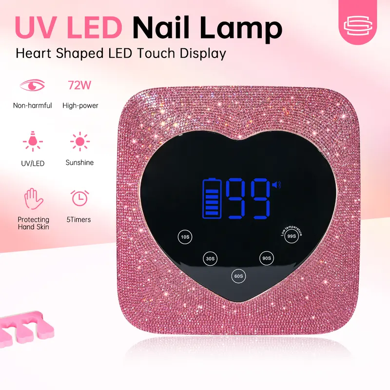CHRISTINE SHELLY 72W Power UV LED Nail Lamp - Rechargeable Cordless Manicure Dryer with Heart-Shaped LED Touch Display, 5 Timers, Auto Sensor, Built-In Battery for Salon/Home Nail Supplies Kit (Pink, Cuticle Care)