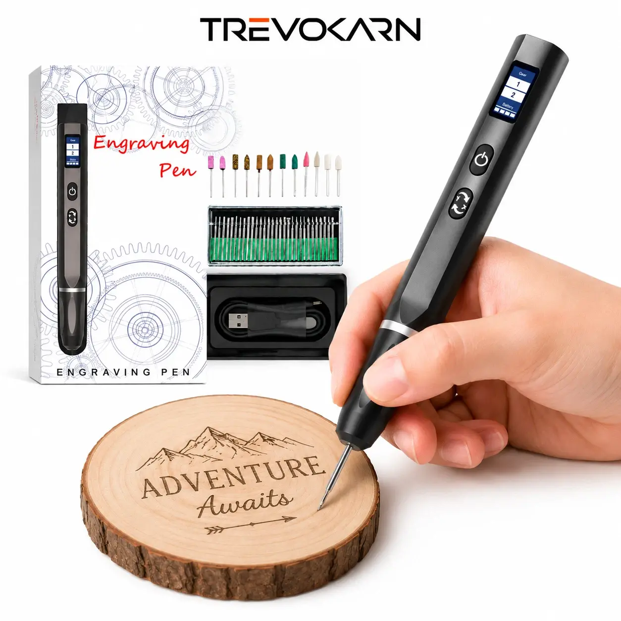 【DIY Creator & Customizer Must Have】Trevokarn Cordless Engraving Pen Kit with OLED Display, USB-C Rechargeable Rotary Carving Tool, 30 Diamond Bits for Easy-to-Use DIY Crafting, Jewelry Making, Woodworking, Metal & Glass Engraving