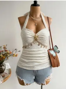 Women's Coastal Starfish Halter Top, Y2K Boho Beaded Shell Fringe Tank, Trendy Beach Vacation Streetwear, Casual Sleeveless Backless Vest