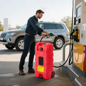 15 Gallon Gas Can with Manual Transfer Pump & 10 FT Hose - Portable Fuel Tank with Durable Wheels & Comfortable Carry Handle - Leak-Proof Heavy Duty Gas Caddy for Safe Fuel Storage - Ideal for Home, Garage, and Outdoor Use - Red