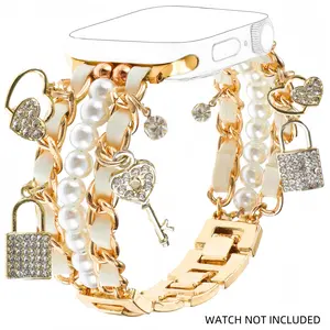 Pearl Beaded Bracelet Compatible with Apple Watch Bands 38 40 41mm 42 44 45 46 49mm,Stylish Jewelry Wristband Metal Cuban  Csmart watch accessorieshain Cute Strap for iWatch Series 10 9 8 7 6 5 4 3 SE Ultra 2 Women