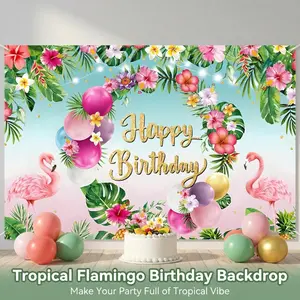 Tropical Bird Birthday Background Cloth, Blue Gradient, Hawaiian Flowers, Letters, Durable Polyester, Luau Party Photo Backdrop
