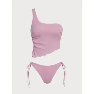 Pink Striped One-Shoulder Tankini Set Two Piece Bikini Set High Cut Waist Slimming Bathing Suits Padded Wireless Bra Comfortable Elastic Swimwear Outdoor Beach Surfing Swimming Suits Summer Holiday Seaside Leisure Swim Outfit