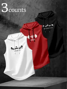 Men's High-Quality Casual Sleeveless Hooded Vest, Adjustable Drawstring, Soft Fabric, Comfortable Wear, 3-Piece Set