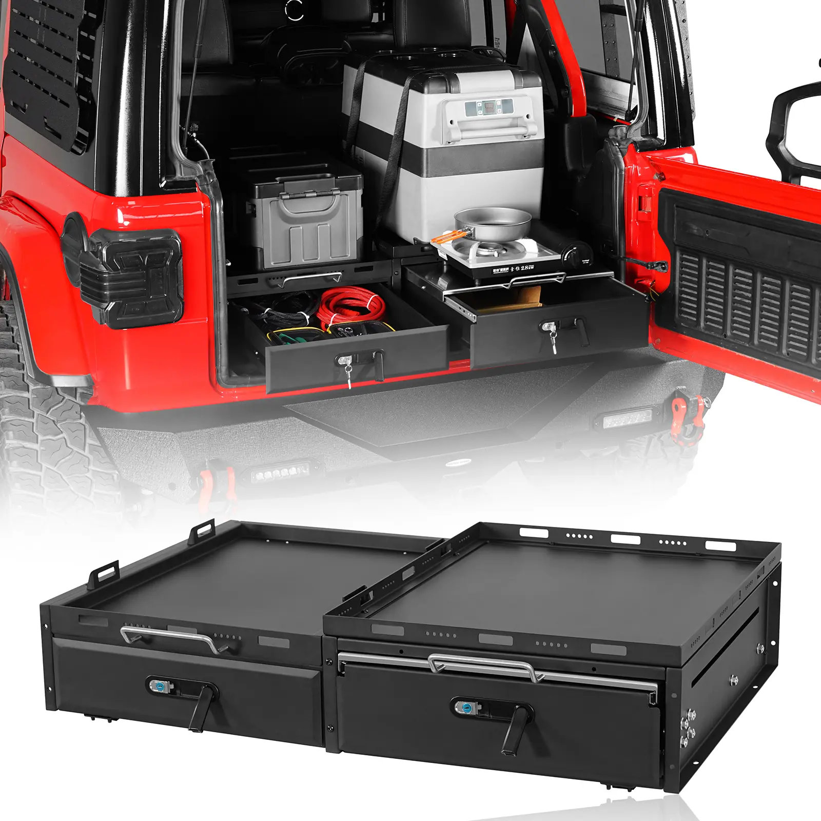 Hooke Road Steel Plate Cargo Drawer System & Fridge Slide Mount, 250lb Capacity, JK/JL Fit for 2015-2018 Jeep Wrangler JK & 2018-2026 4-Door Wrangler JL, Secure Hold & Slide Access
