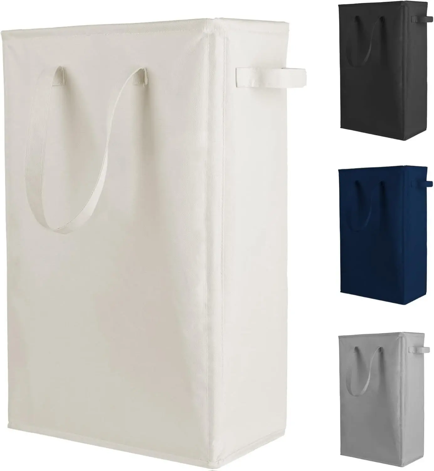 Slim Laundry Hamper Handles Collapsible Laundry Basket Thin Dirty Clothes Basket Narrow Laundry Bag Foldable Dirty Hamper 45L (Beige)