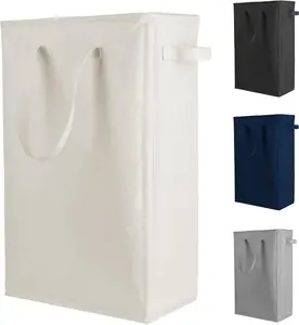 Slim Laundry Hamper Handles Collapsible Laundry Basket Thin Dirty Clothes Basket Narrow Laundry Bag Foldable Dirty Hamper 45L (Beige)