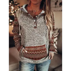 （Unique） Women's Vintage Western Tribal Print Casual Hoodie - Comfortable Button-down Pullover With Ribbed Cuffs, Machine Washable, Polyester And Spandex Blend For All Seasons, Oversized Hoodie