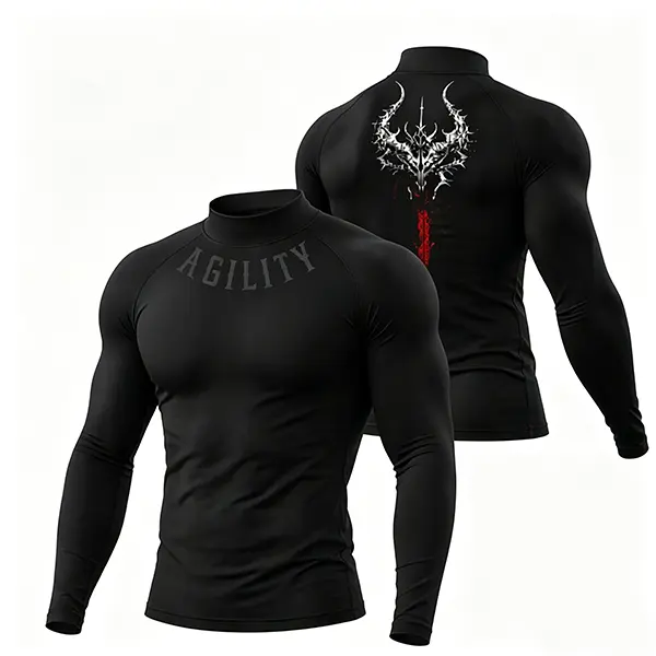 Men's Long Sleeve Compression Shirt! Long Sleeve Tight - Fit. Mock Neck, quick - dry. Moisture - wicking for gym. All - season activewear. Semi - high neck gives support. Great men's gym gear!