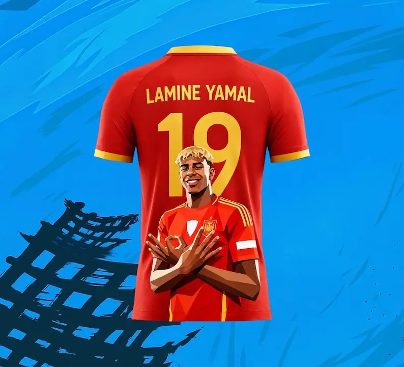 Lamine Yamal 19 Spain Soccer Jersey – Adult and Kids Football Shirt – Red & Gold Fan Jersey – Spain Inspired Graphic Tee – Soccer Gift