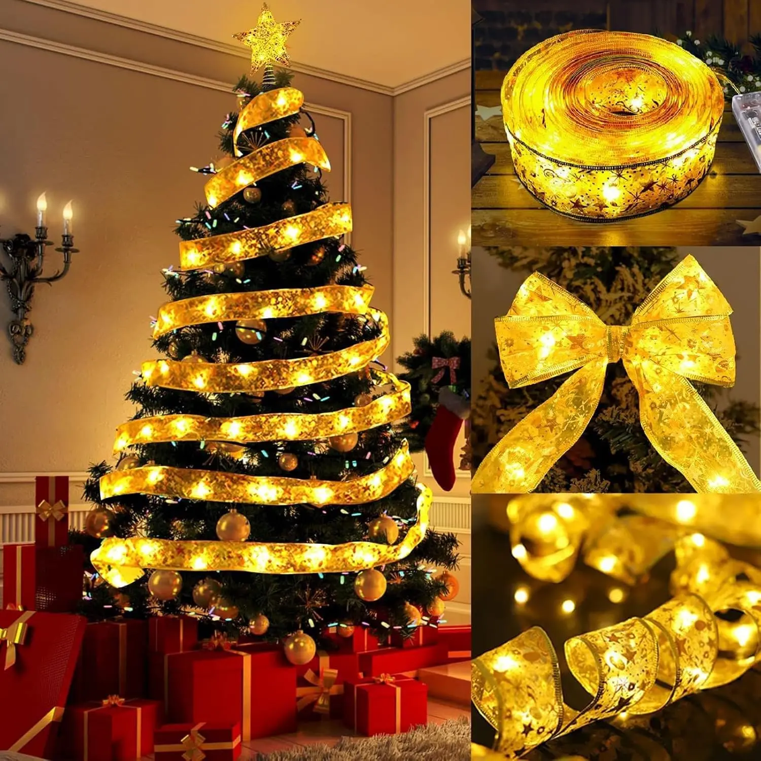 Battery-Operated Christmas Ribbon Lights, 10-LED Warm Glow String Lights (5cm×100cm), Indoor Decor Ornaments for Xmas Tree Wall New Year Party Home Decoration