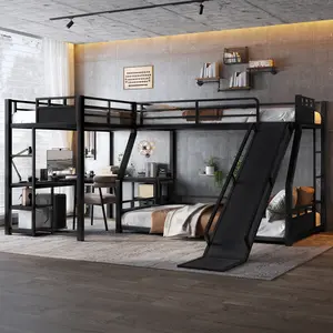 Triple Bunk Bed L-Shaped Twin over Full Metal Bunk Bed with Single Loft Bed, Desk, and Storage Shelves, USB Charging Port Included - Metal Triple Bunk Bed with Slide,Black