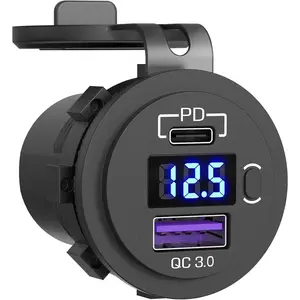 USB C Car Charger Socket, 12V/24V Dual USB Outlet PD3.0 & QC3.0 Car USB Port with LED Voltmeter and ON/Off Switch DIY Car Socket for Car Boat Marine Bus Truck Golf RV Motorcycle