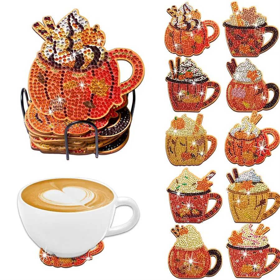 10 pieces/sets of autumn hot cocoa pattern artificial diamond painted coasters, Coasters for drinks, DIY crystal diamond painted wooden table art coasters with stand, suitable for adult office mats, family coasters, Diamond Painting Coasters