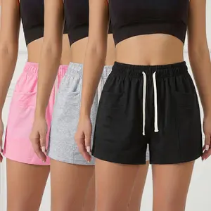 Women’s 3-pack casual shorts made from 95% polyester fabric; summer solid-color minimalist athletic jogging shorts with a drawstring and pockets—women’s apparel pants.