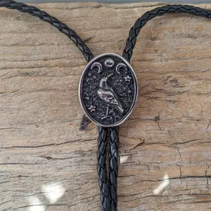 Crow & Moon Bola BOLO Tie - Wedding Necklace for Men Women Groomsmen Bridegroom - Western Cowboy Necktie Gift for Him