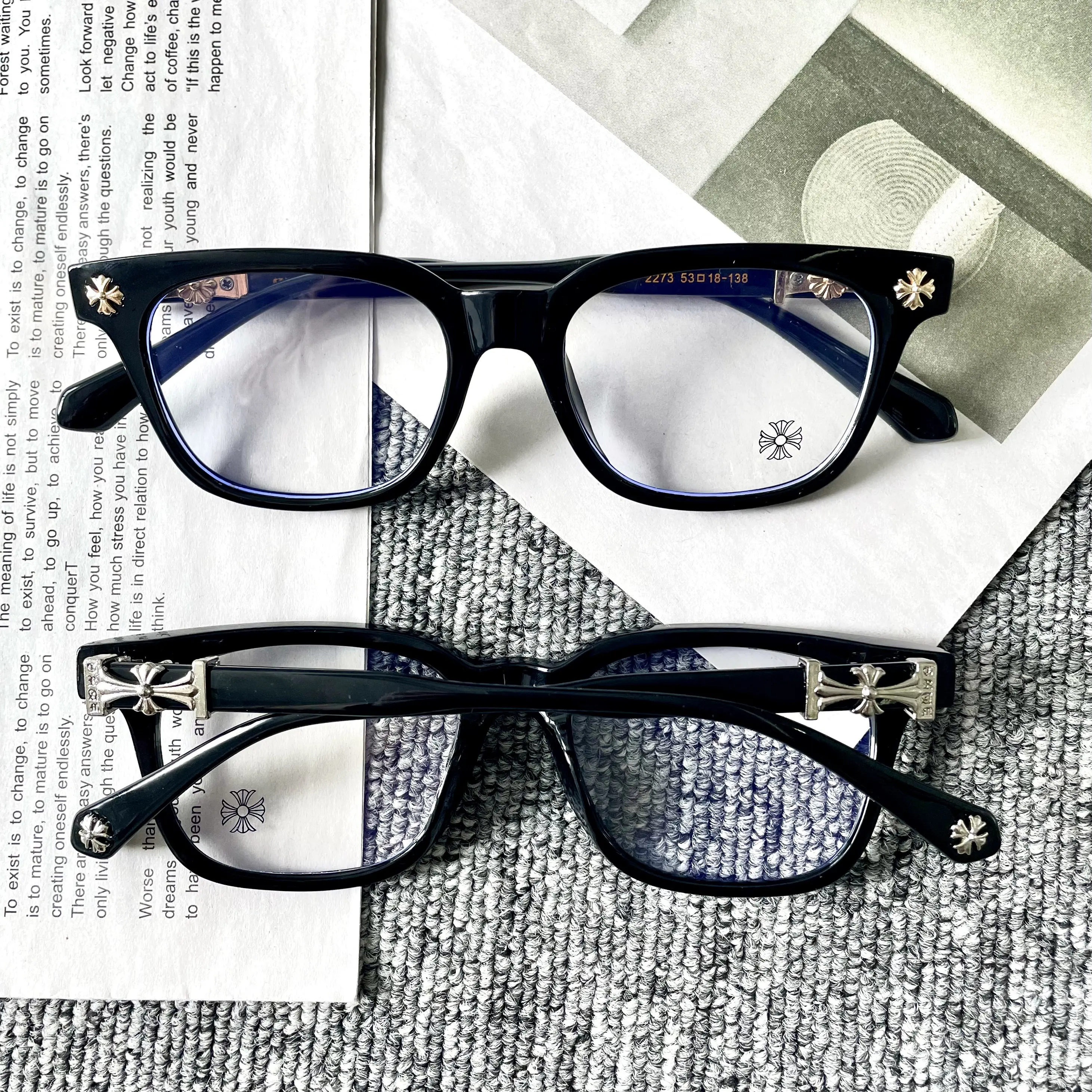 Unisex Retro Black Square Non-Prescription Eyeglasses - Ornate Cross Metal Decor, Anti-Blue Light Clear Lenses, Gothic Streetwear Optical Frames