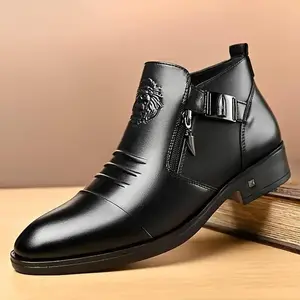 Men’s high-top business formal shoes — versatile ankle boots with soft soles and a comfortable casual design; Chelsea short boots with double zippers for easy wear; closed insoles; suitable for office/bedroom; available in black.