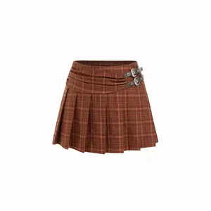 Cider Mid Rise Plaid Ruched Pleated Mini Skirt With Belt