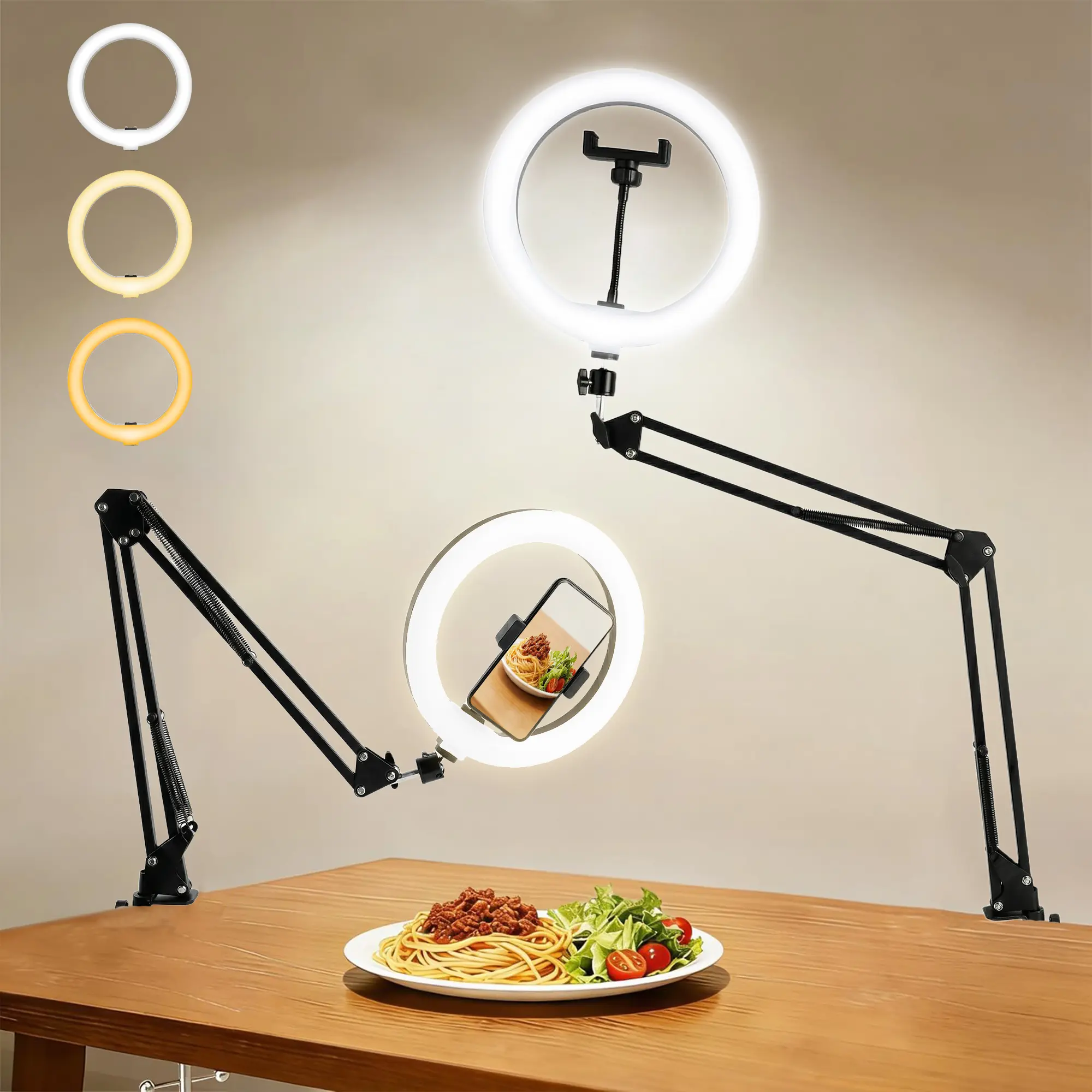 360° Rotatable 10" Ring Light Dual Flexible Arm Desk Clamp Stand, Overhead Shooting Kit for Live Stream Food Photography