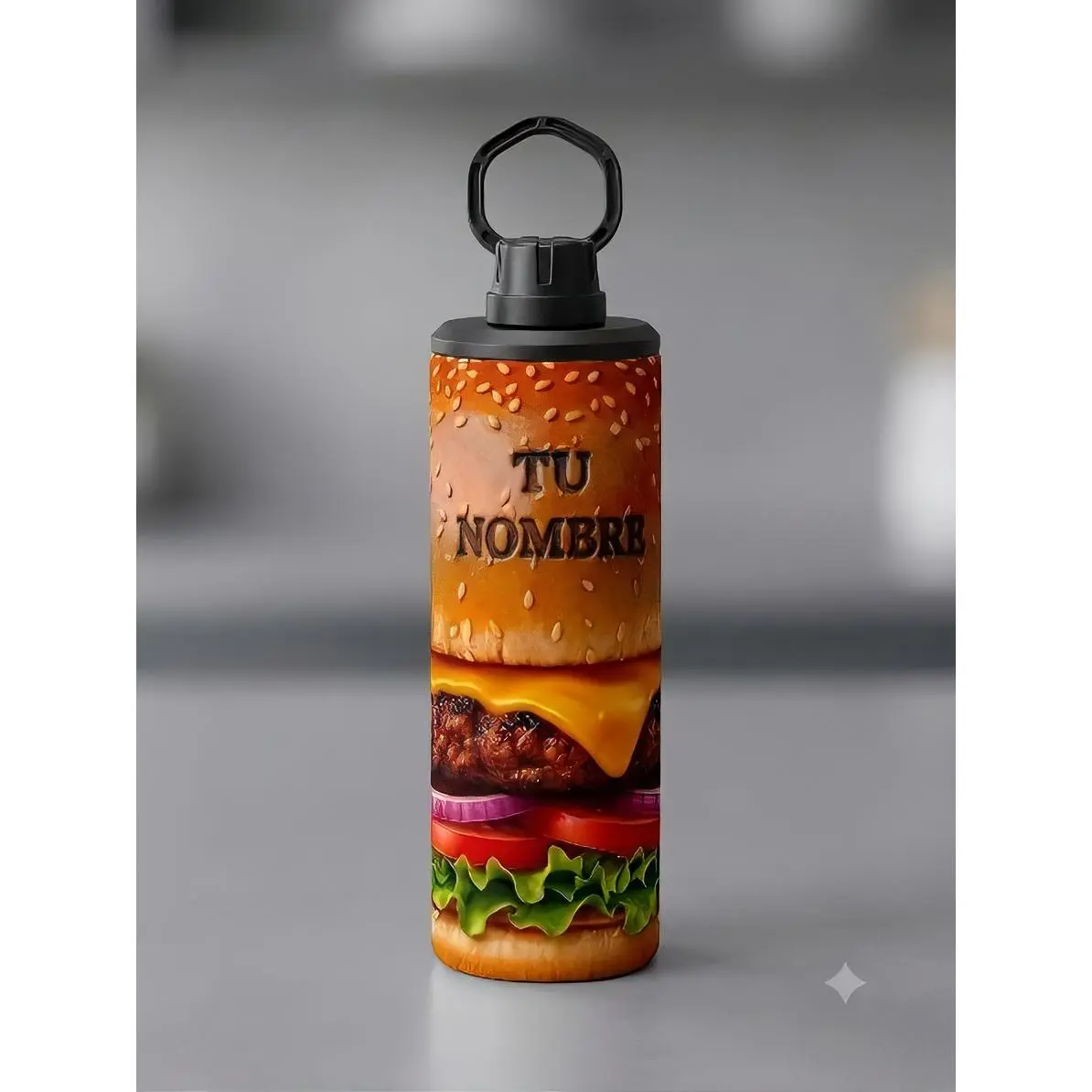 Personalized Cheeseburger Stainless Steel Water Bottle Custom Name 20oz Insulated Sports Flask with 3D Graphic & Double-Wall Insulation